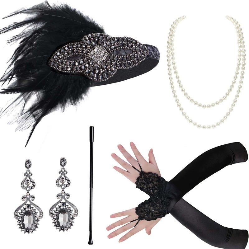 BABEYOND 1920s Flapper Accessories Gatsby Costume Accessories Set 20s Flapper Headband Pearl Necklace Gloves Plastic Holder for Women - Image 1